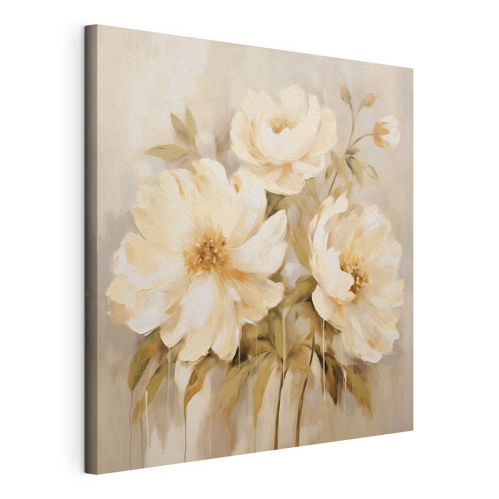 Flores crema sobre beige, lienzo tensado con el borde envolvente