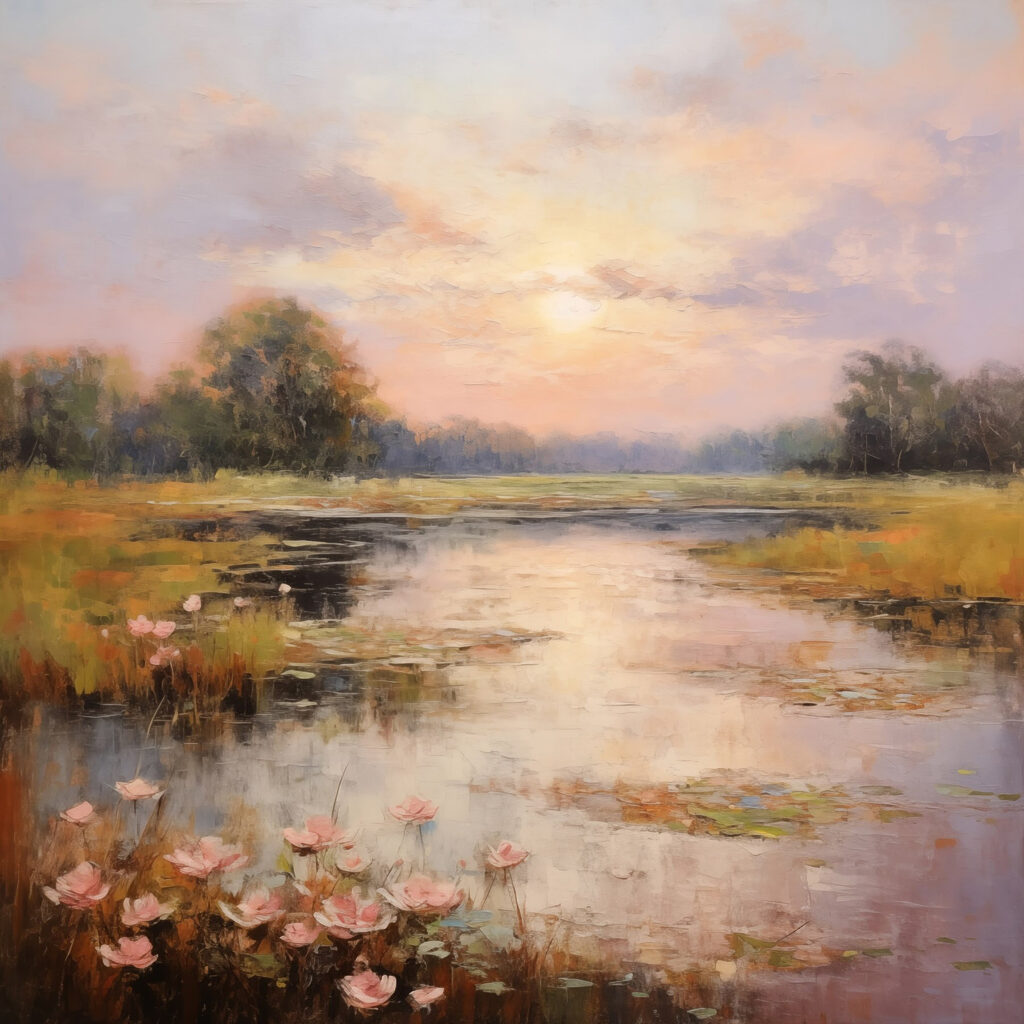 Atardecer con nenúfares — diseño completo