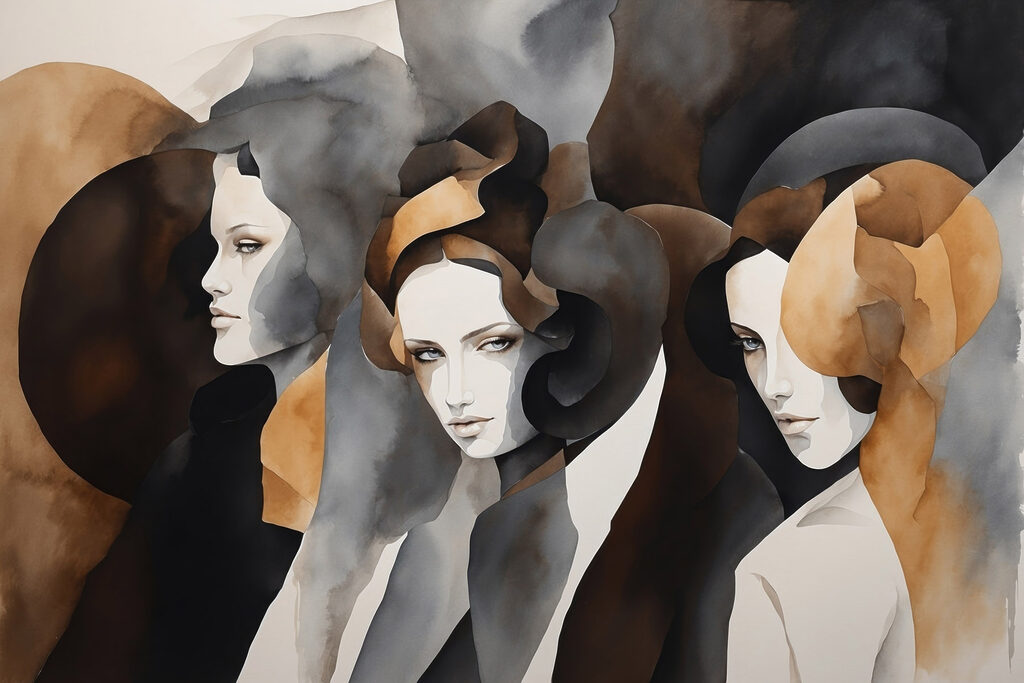 Tres mujeres entre formas — diseño completo