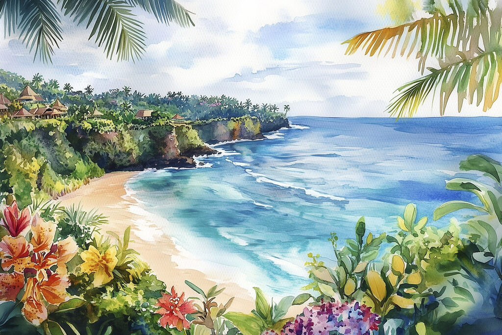 Bahía tropical con flores — diseño completo