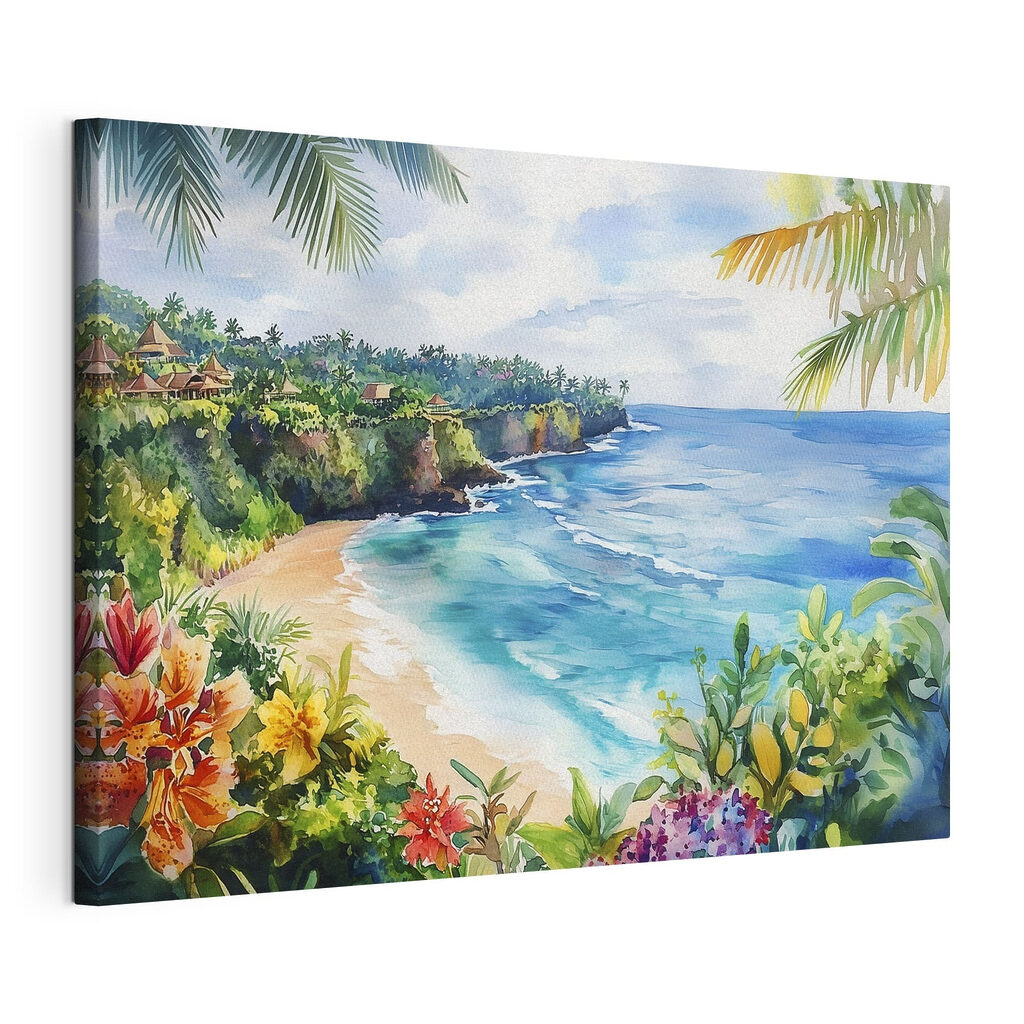 Bahía tropical con flores, lienzo tensado con el borde envolvente