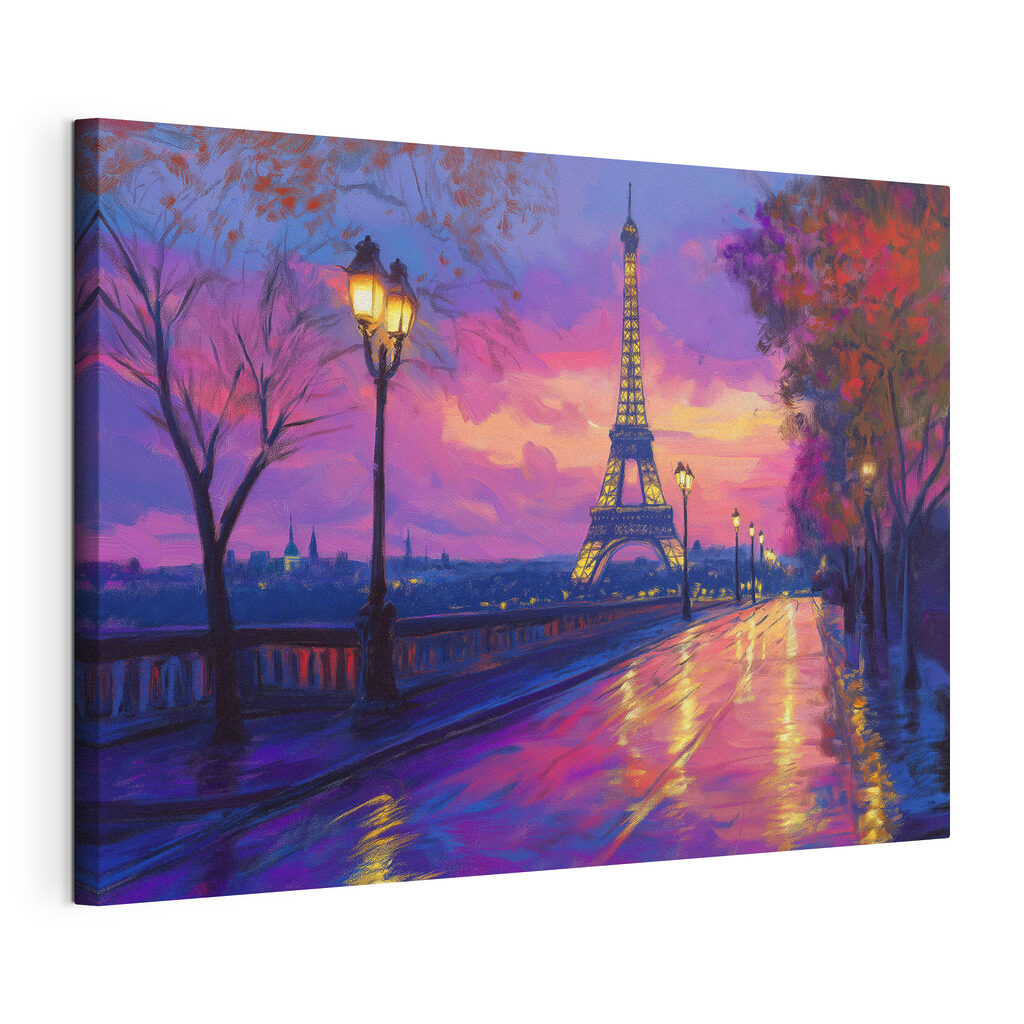 París en luz violeta, lienzo tensado con el borde envolvente