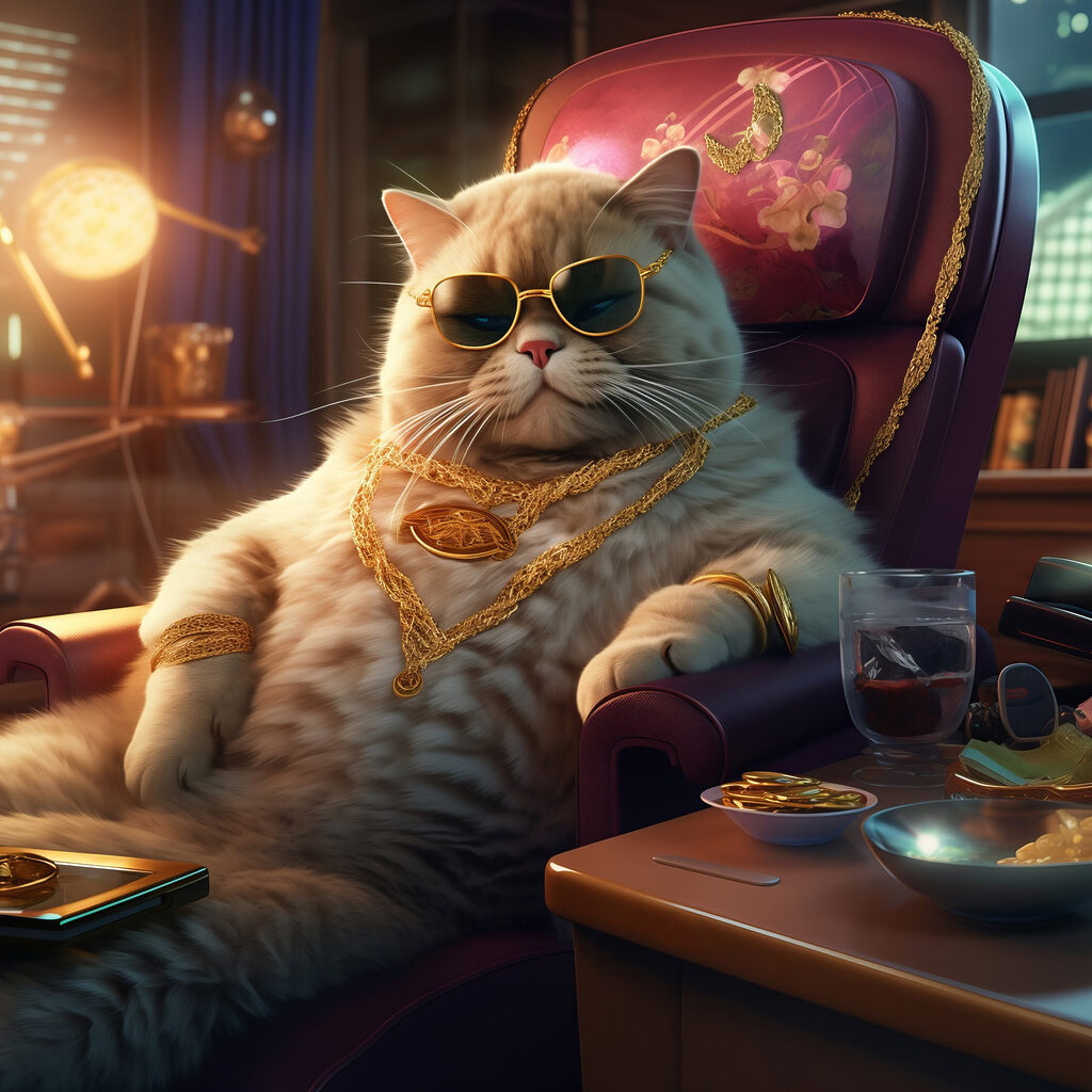 Gato en sillón rojo — diseño completo