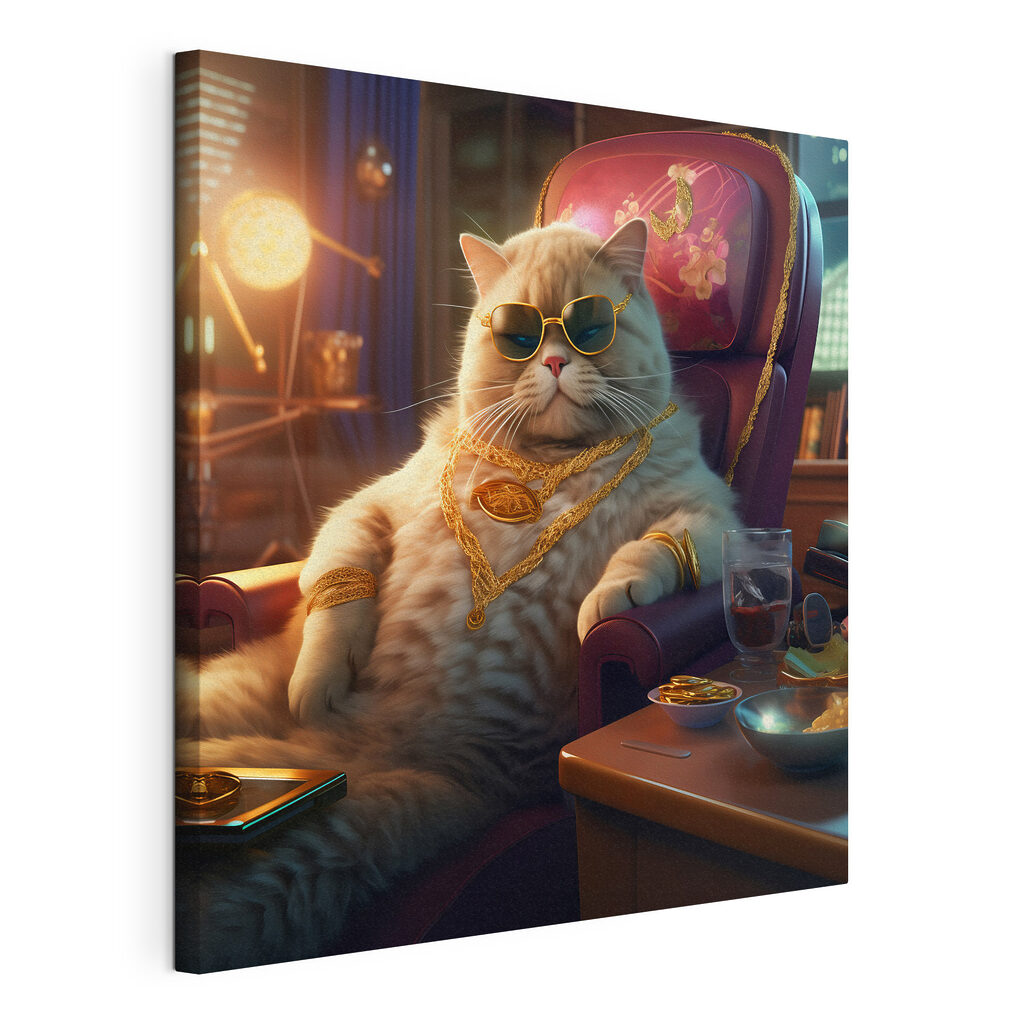 Gato en sillón rojo, lienzo tensado con el borde envolvente