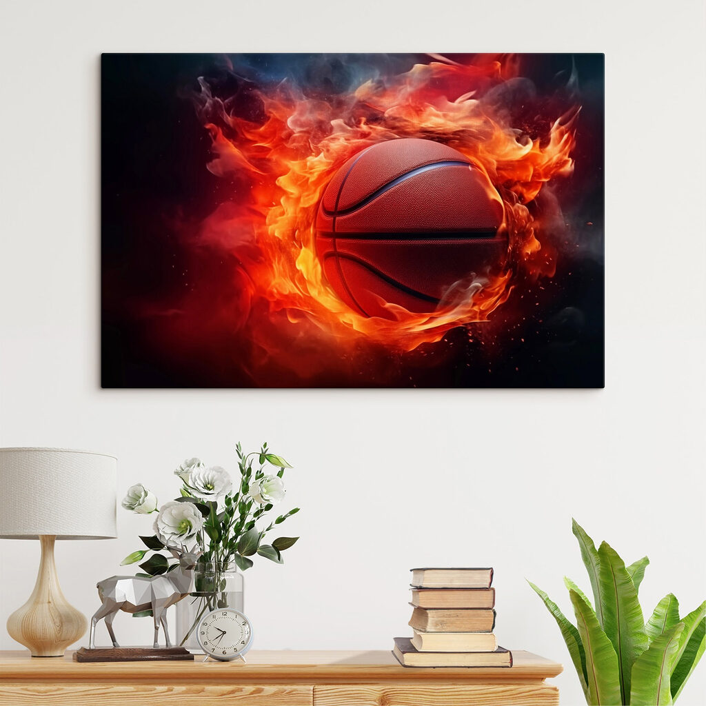 Baloncesto entre llamas en un interior