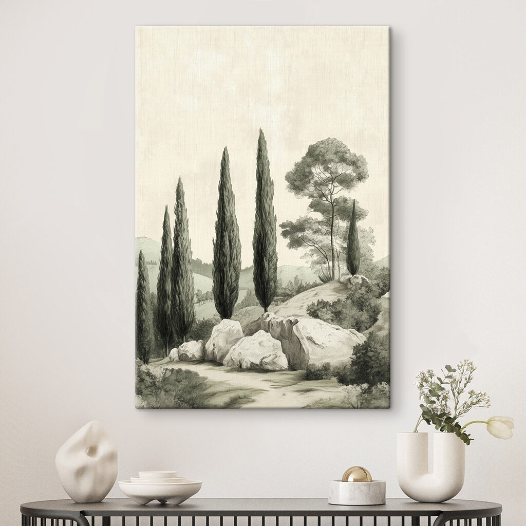 Cipreses sobre piedras pálidas — interior 1