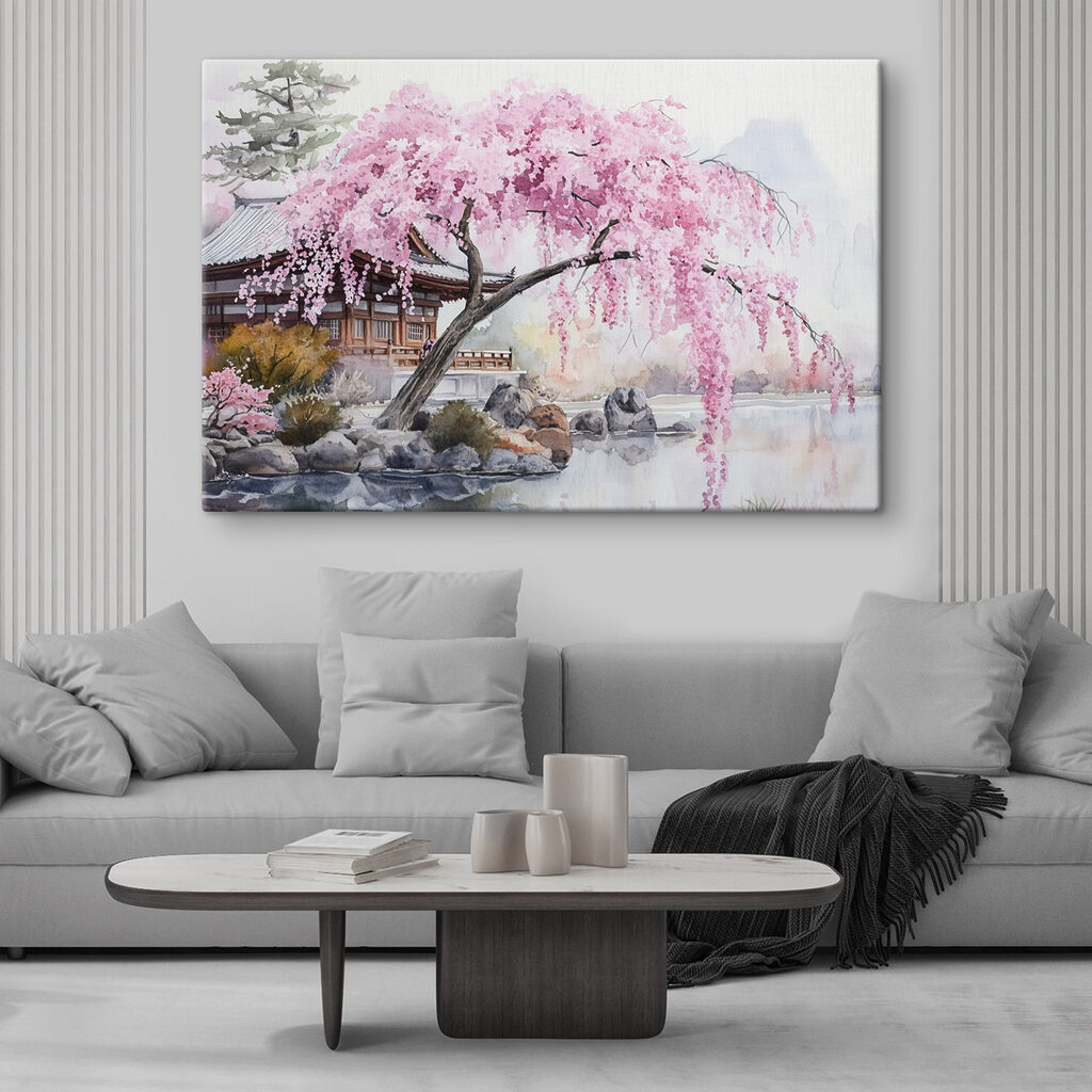 Árbol rosa sobre agua en un interior