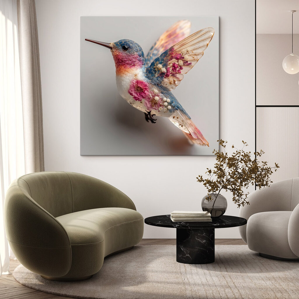 Colibrí de alas floridas en un interior