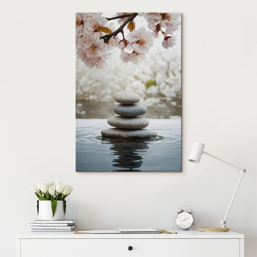 Piedras apiladas bajo flores en un interior