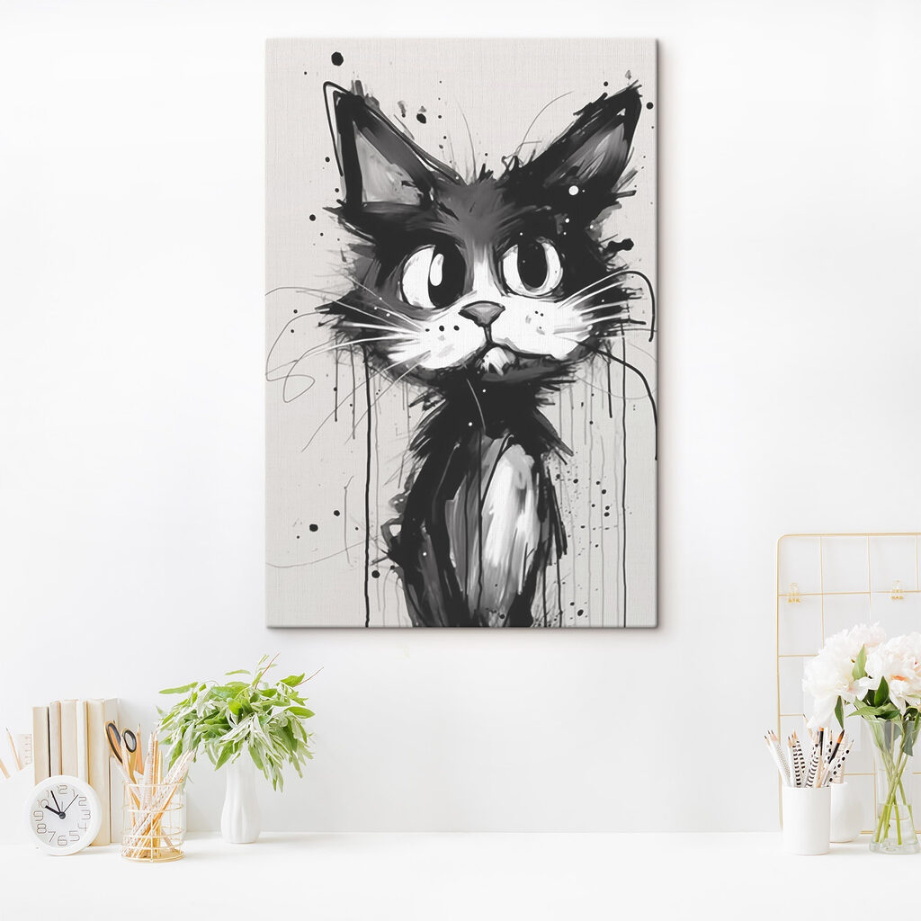 Gato en tinta negra en un interior