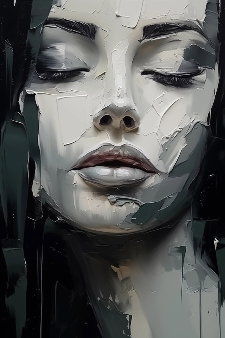 Rostro sereno entre trazos — diseño completo