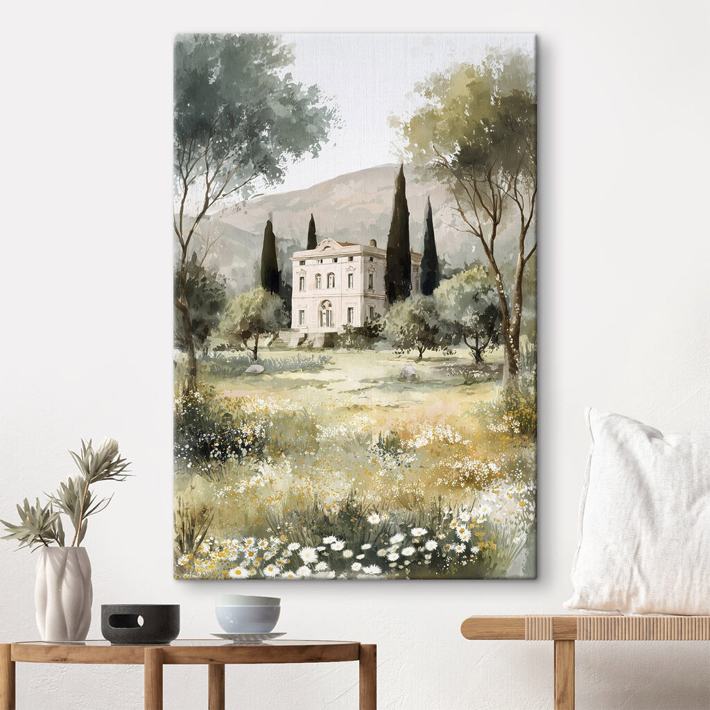 Villa tras un prado en un interior