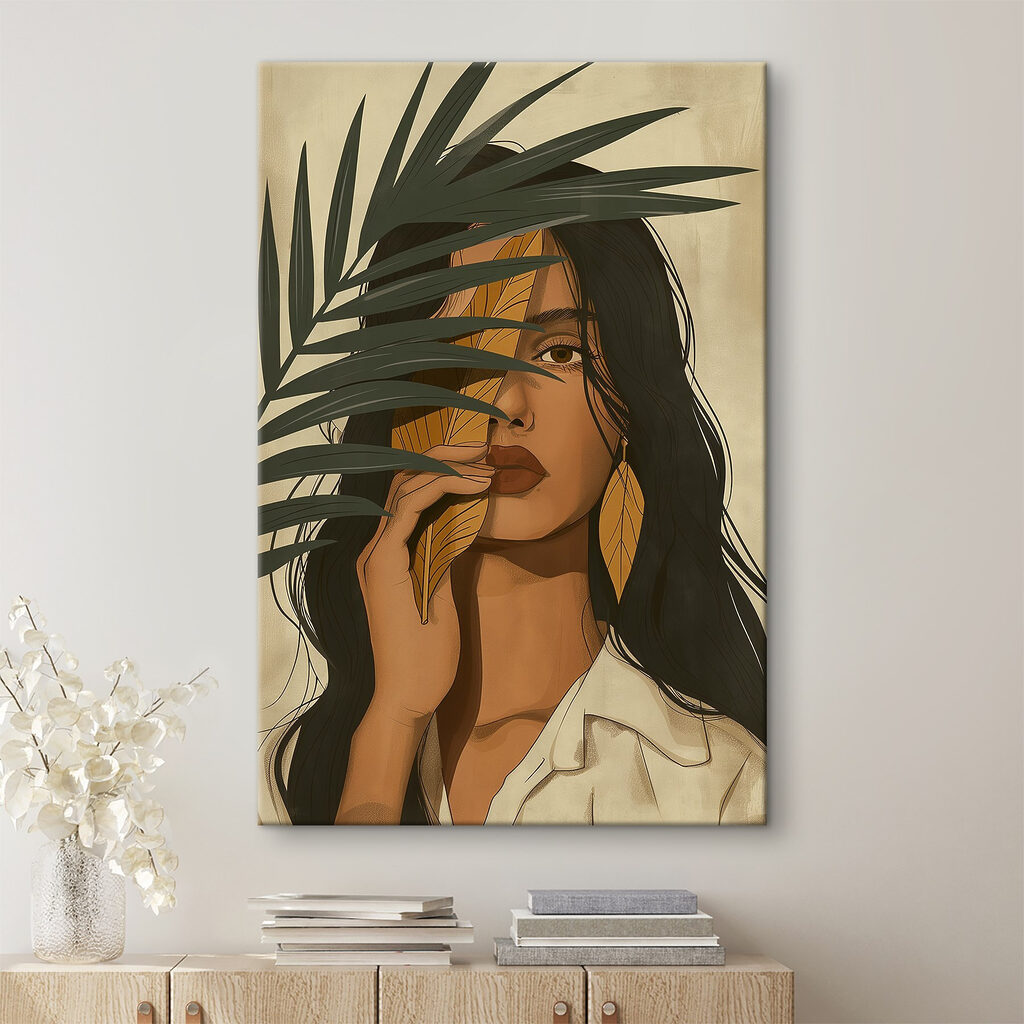 Mujer tras una hoja en un interior