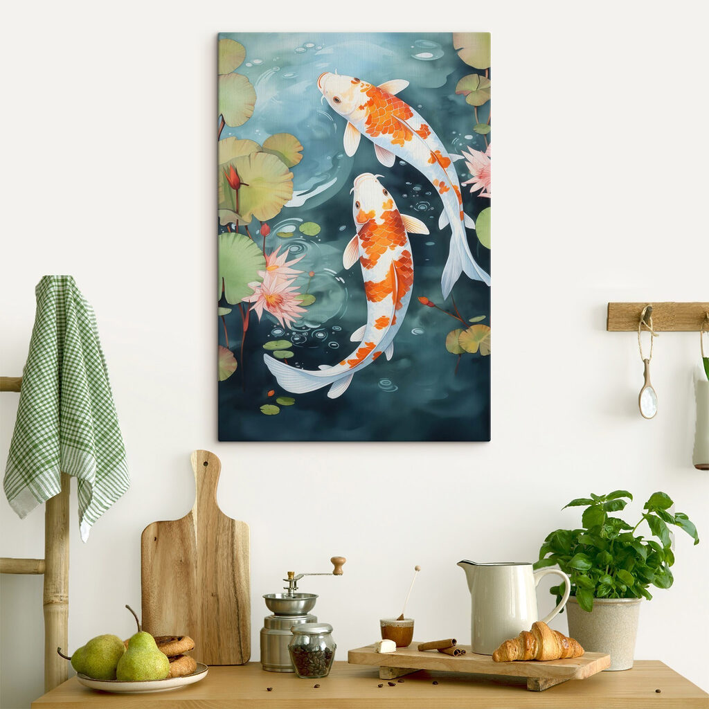 Koi entre nenúfares en un interior