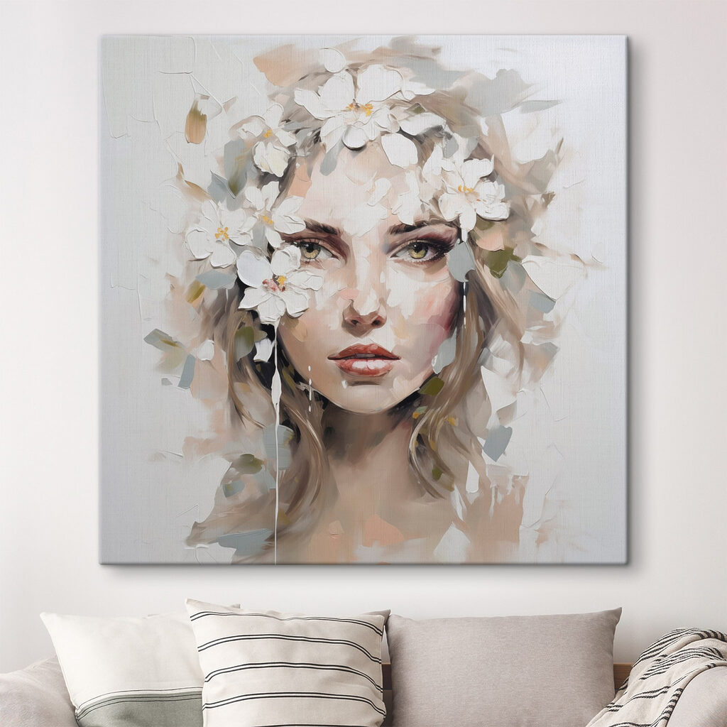 Mirada bajo flores blancas en un interior