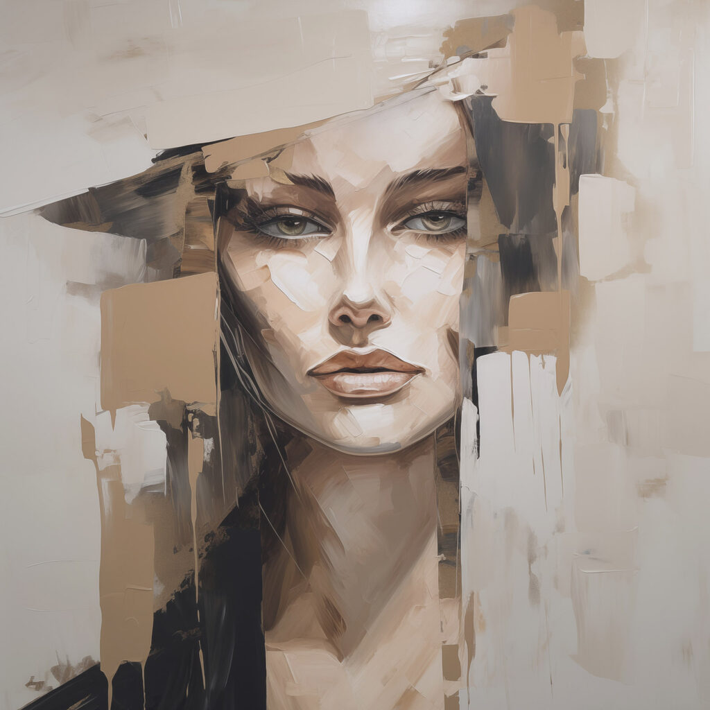 Retrato en bloques pálidos — diseño completo