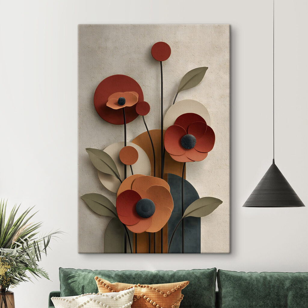 Flores rojas y geometría en un interior