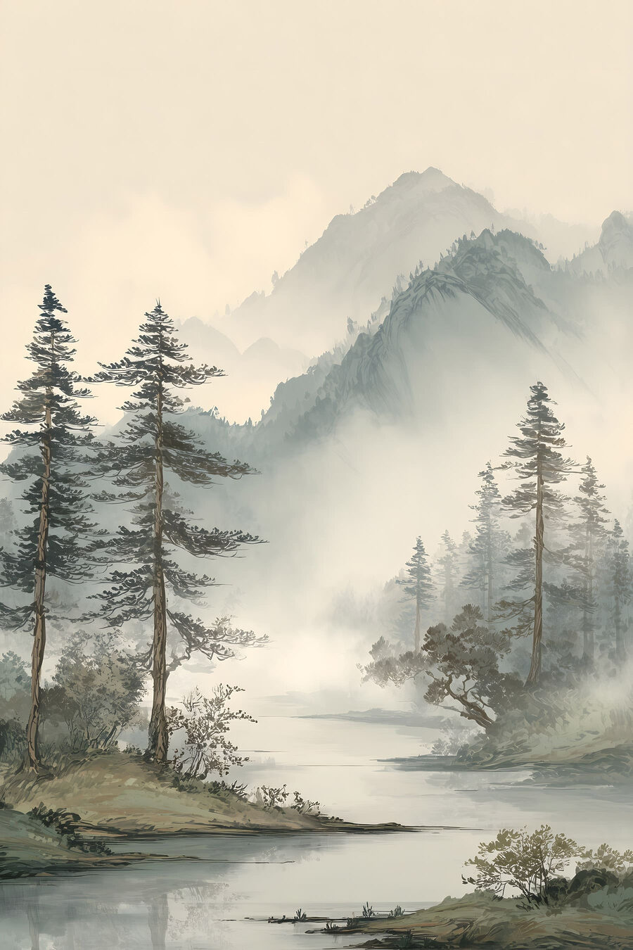 Montañas tras los pinos — diseño completo