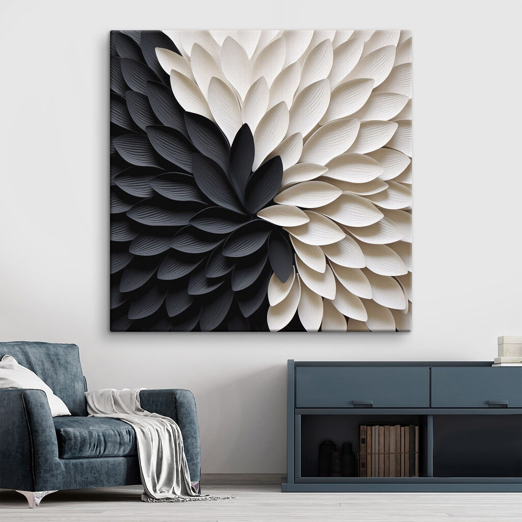 Pétalos blancos y negros en un interior