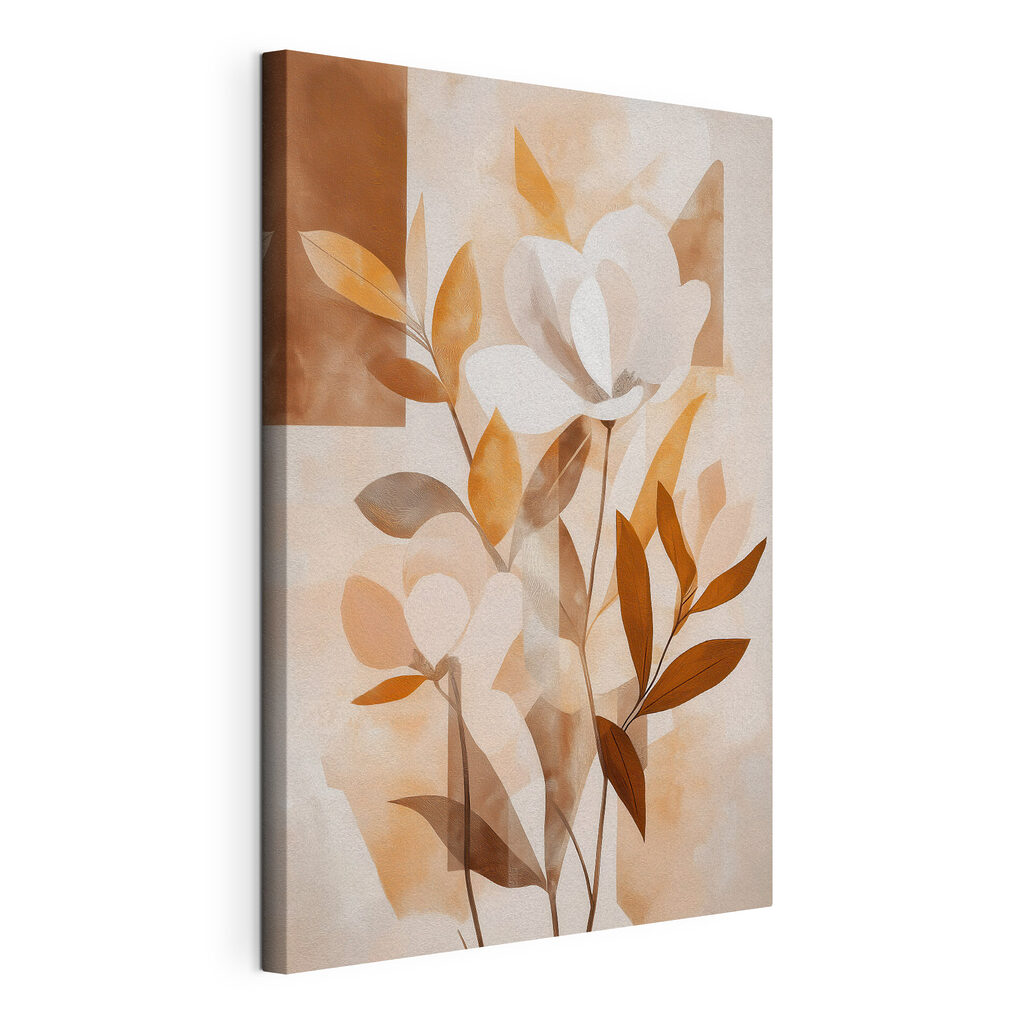 Flor blanca entre ocre, lienzo tensado con el borde envolvente