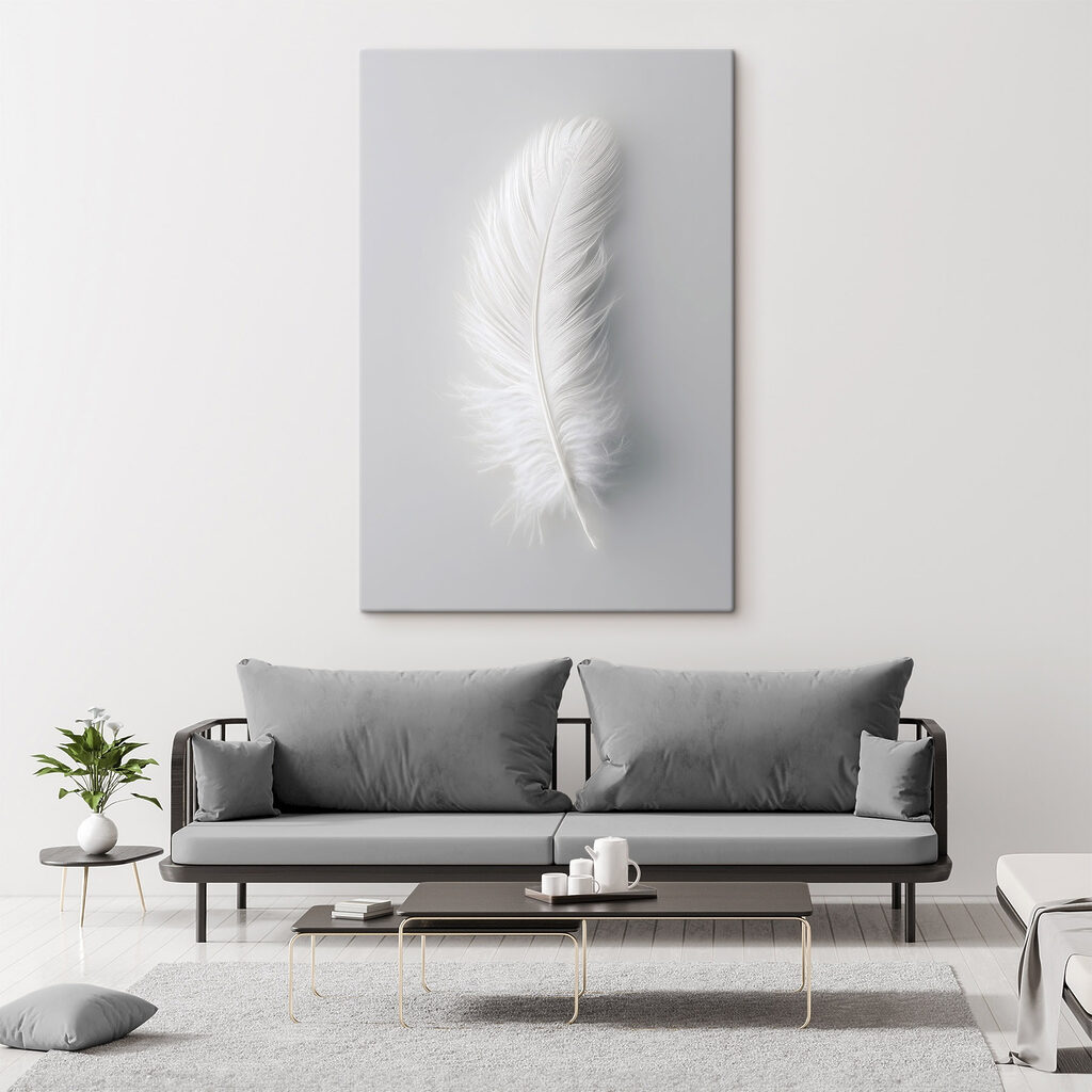 Pluma blanca sobre gris — interior 2