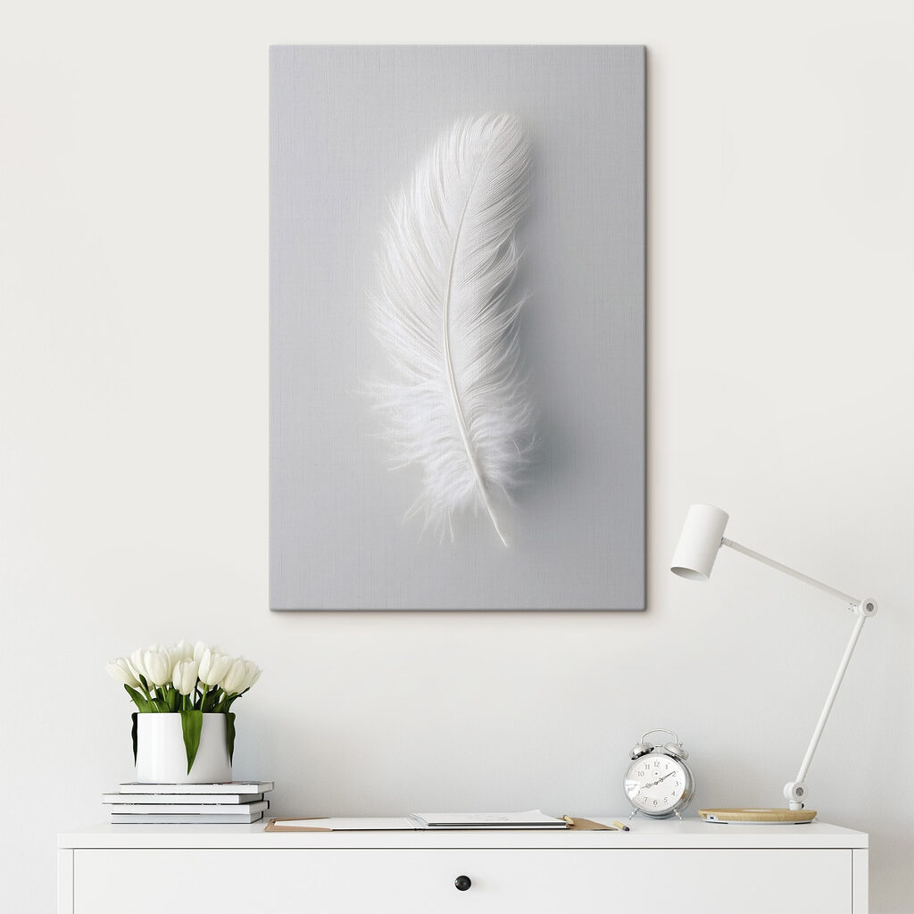 Pluma blanca sobre gris — interior 1