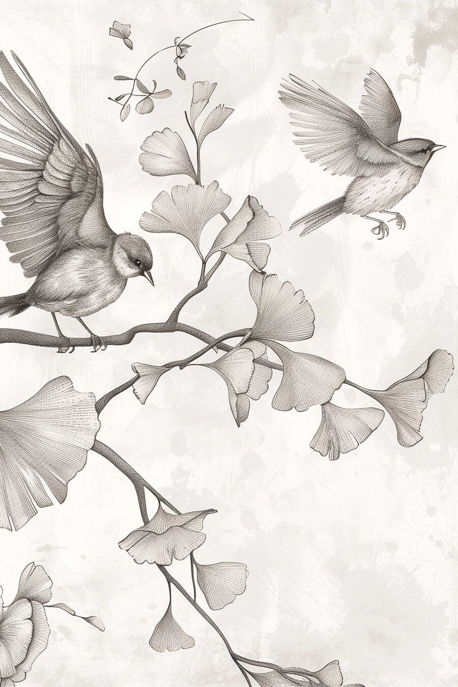 Pájaros entre ginkgos — diseño completo