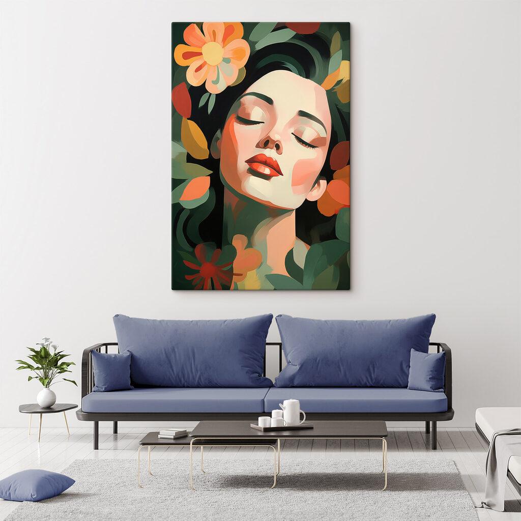 Ojos cerrados entre flores en un interior