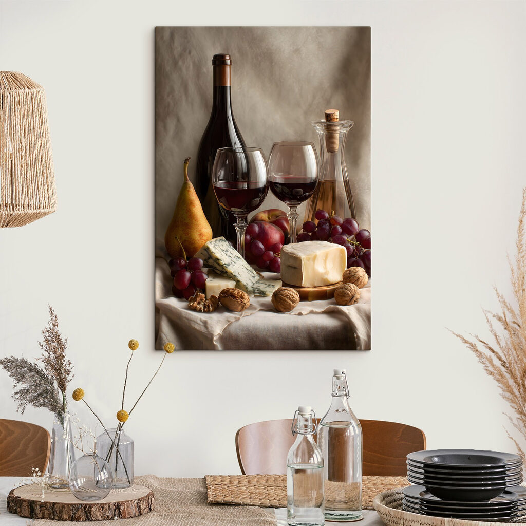 Bodegón con vino tinto en un interior