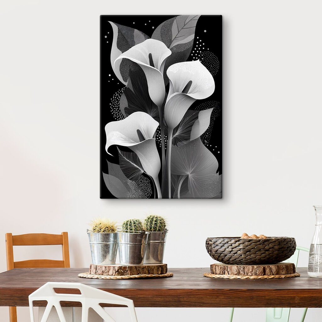 Cálices blancos sobre negro en un interior