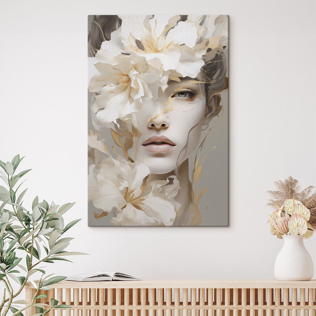 Mirada entre flores blancas en un interior