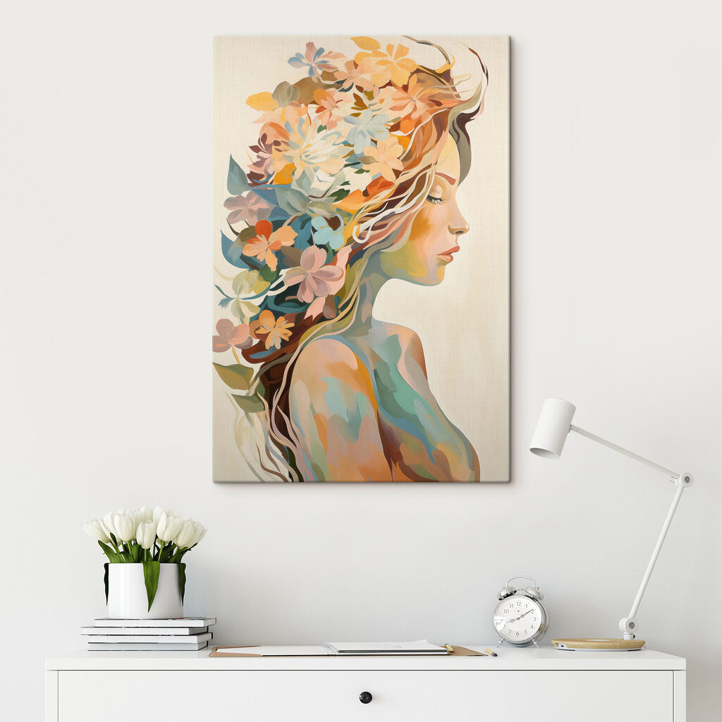 Mujer con pelo floral en un interior