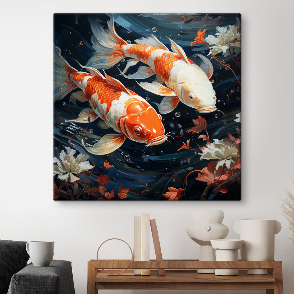 Koi entre flores blancas en un interior