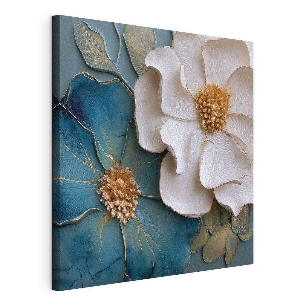 Flor blanca y azul, lienzo tensado con el borde envolvente