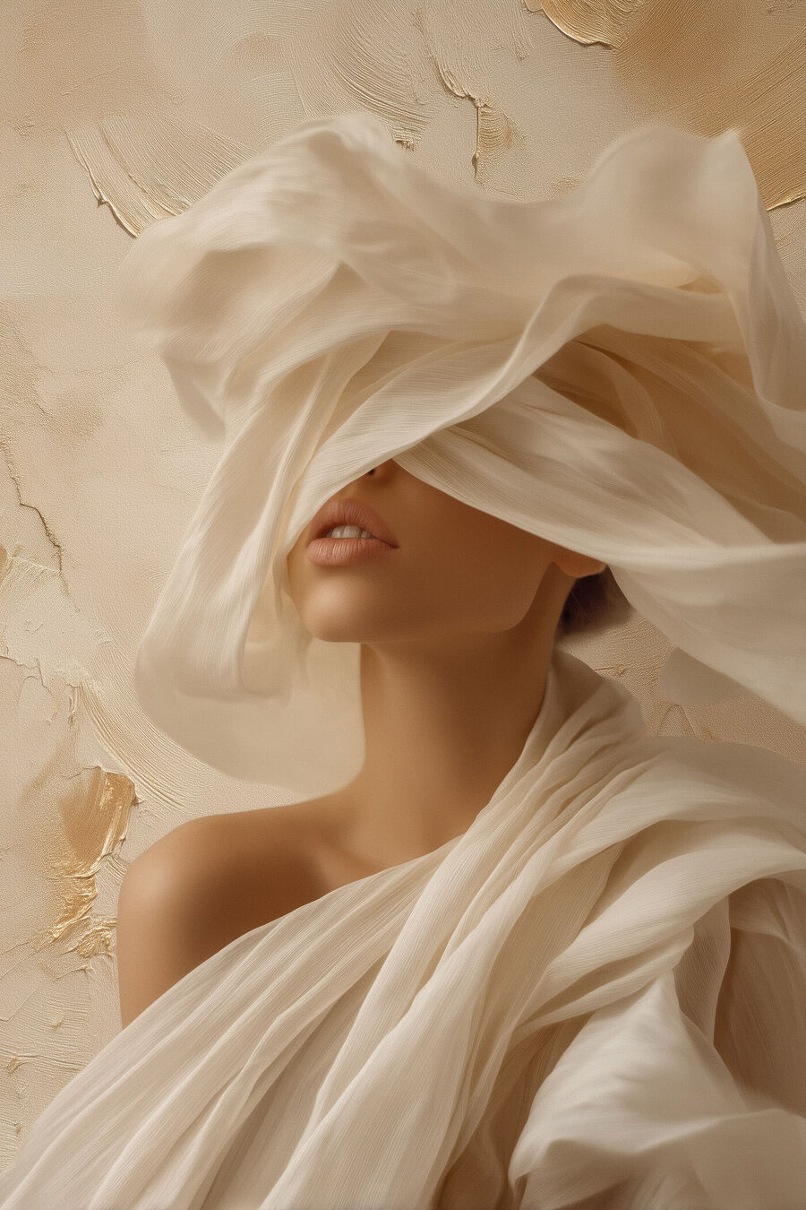 Mujer tras velos crema — diseño completo