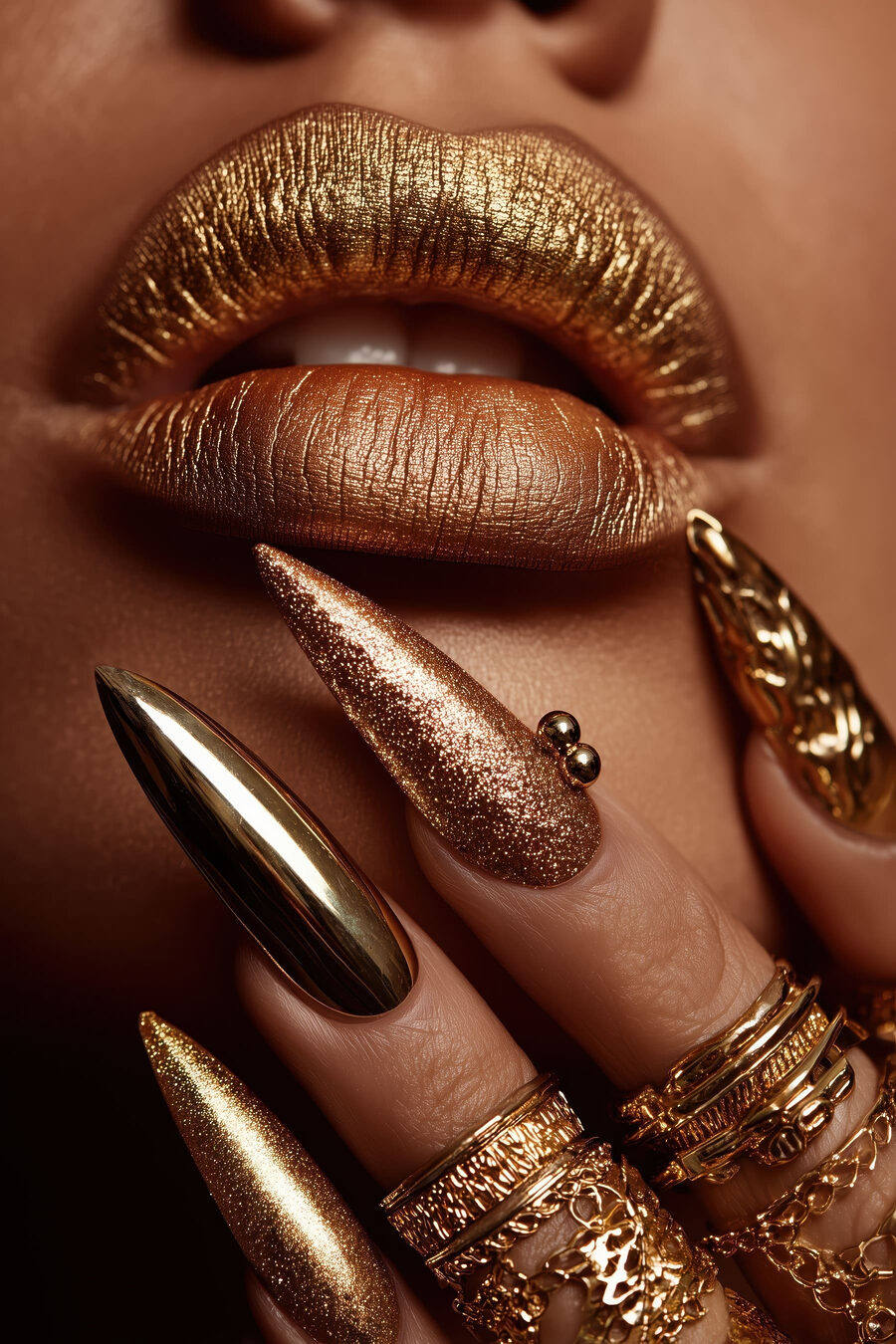 Labios y uñas dorados — diseño completo