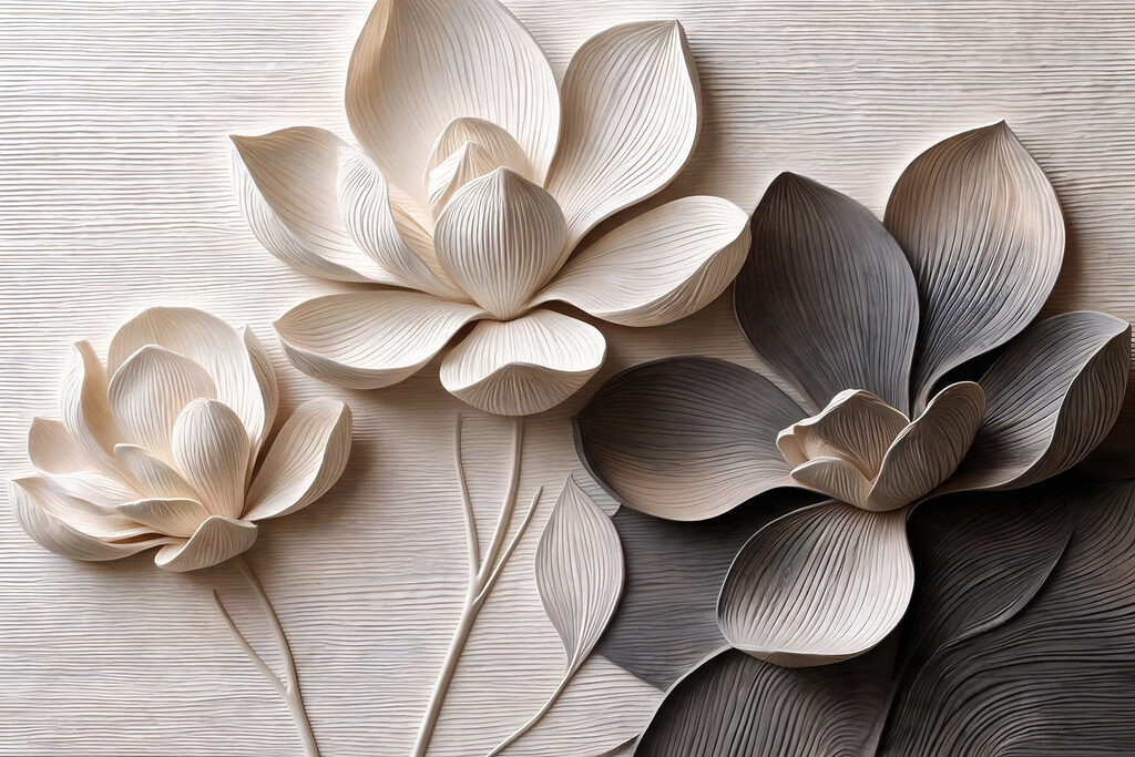 Tres flores monocromas — diseño completo