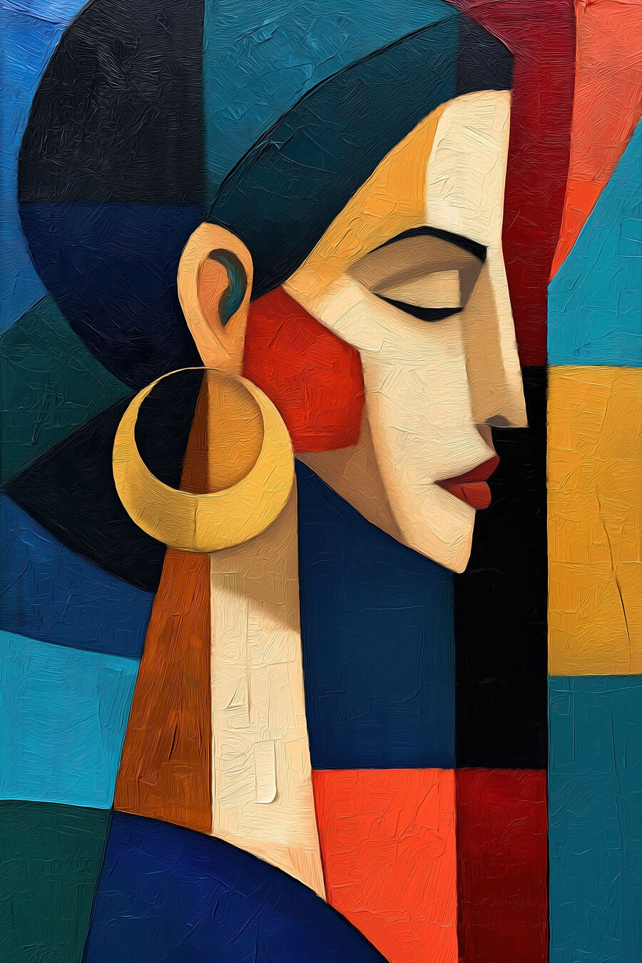 Mujer con pendiente dorado — diseño completo