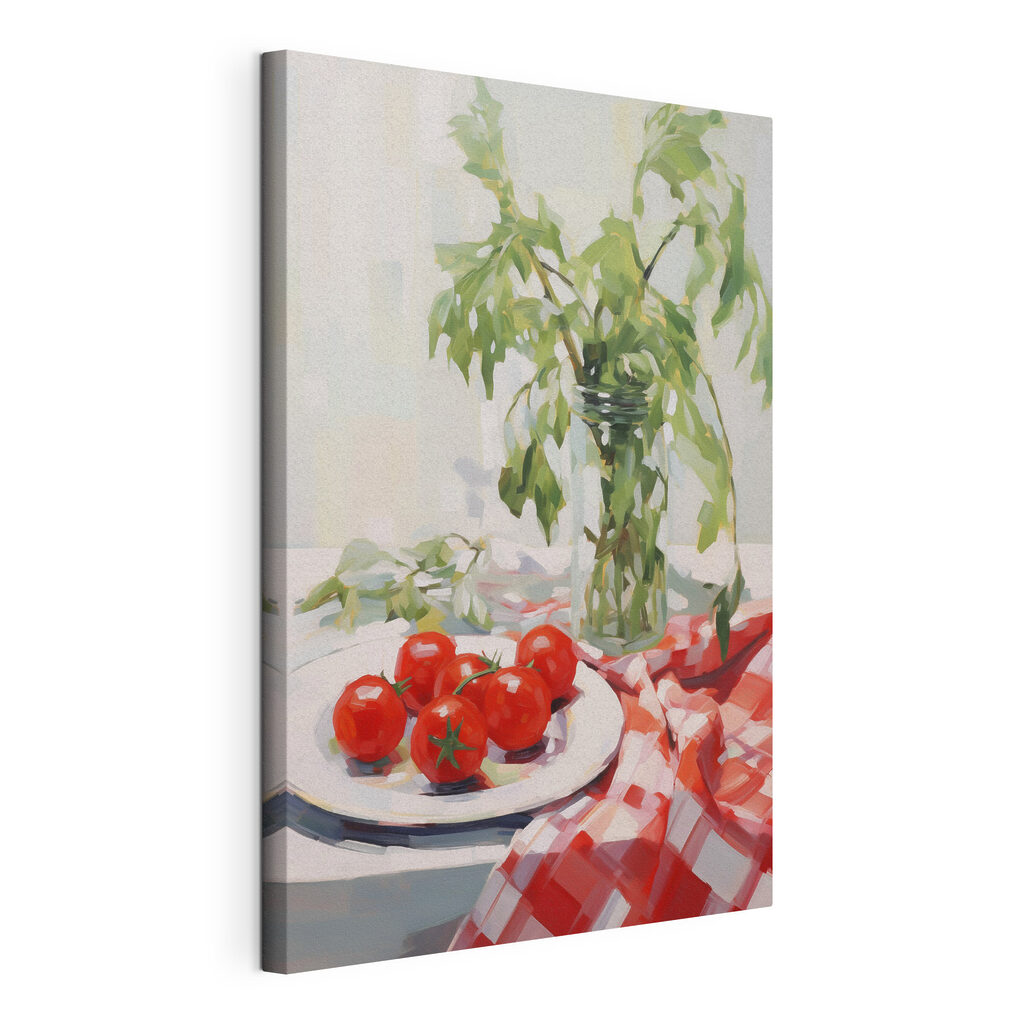 Tomates sobre mantel, lienzo tensado con el borde envolvente