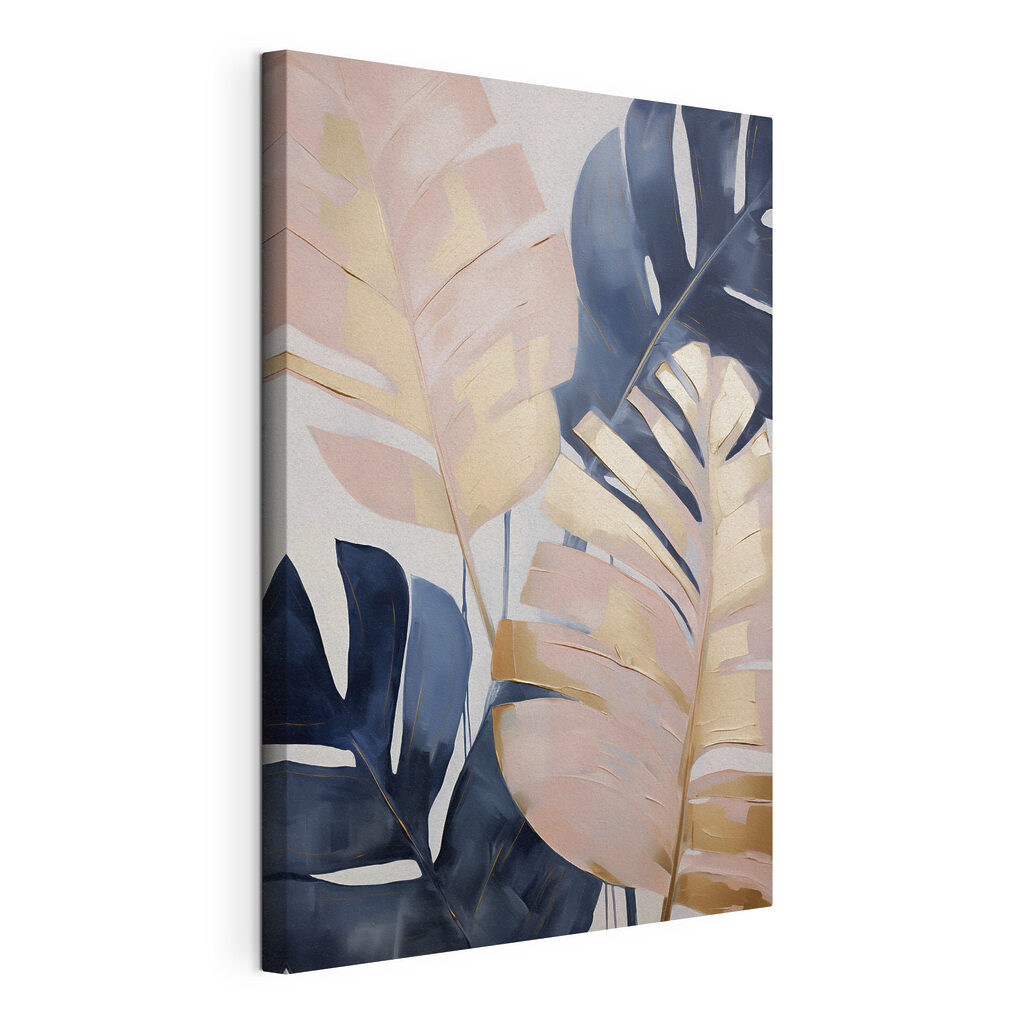 Monstera azul y rosa, lienzo tensado con el borde envolvente