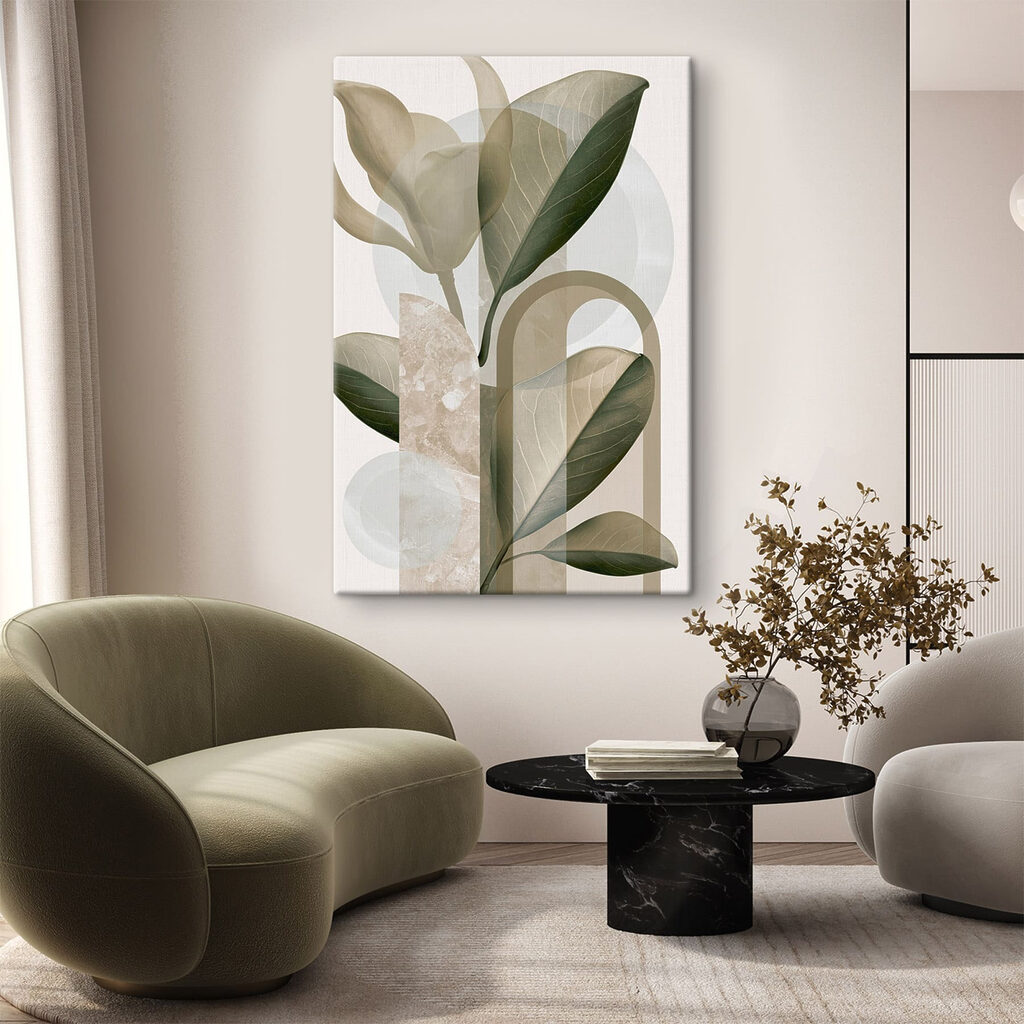 Hojas verdes entre arcos — interior 1