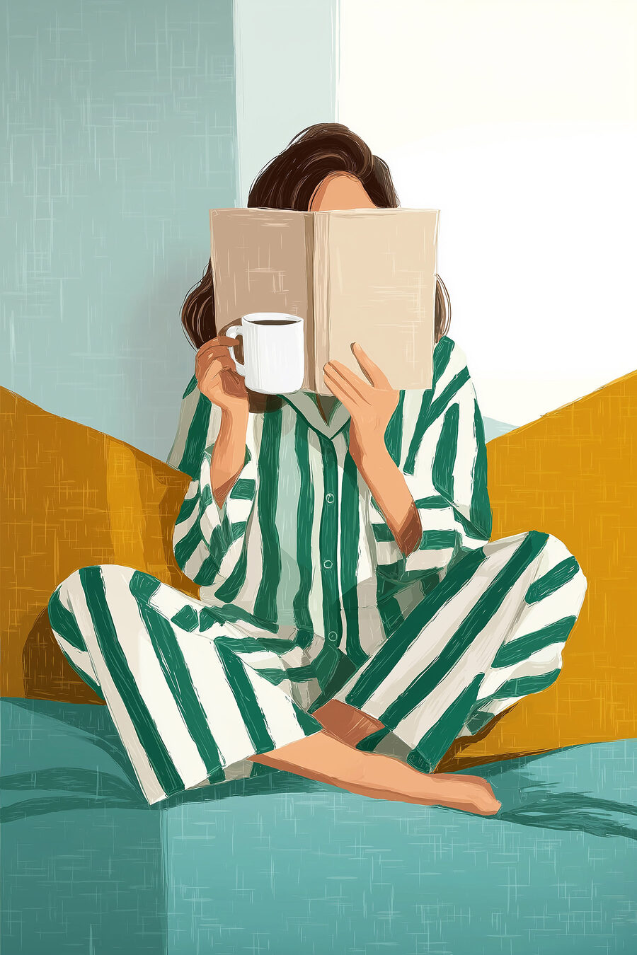 Mujer leyendo en pijama — diseño completo