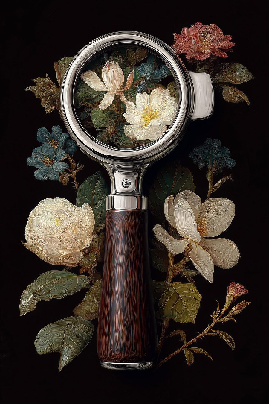 Flores bajo una lupa — diseño completo