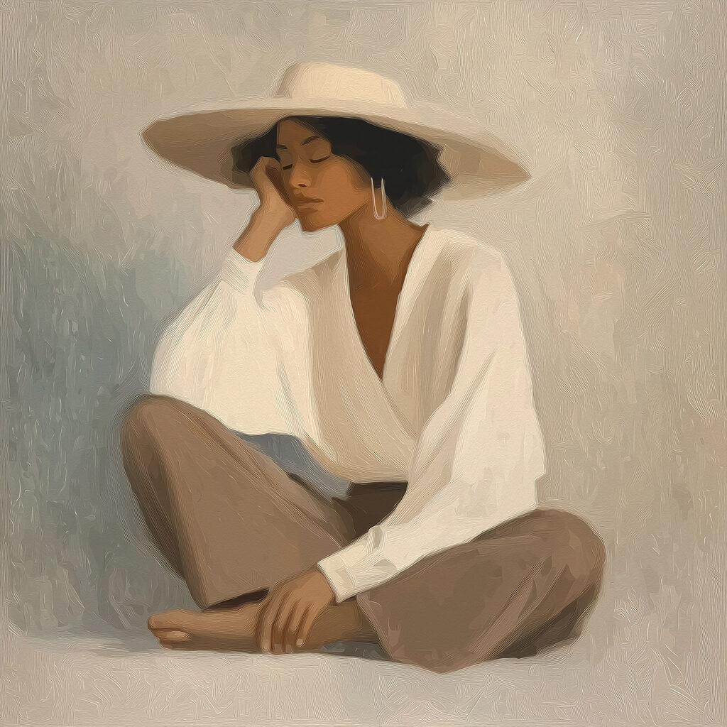 Mujer sentada con sombrero — diseño completo