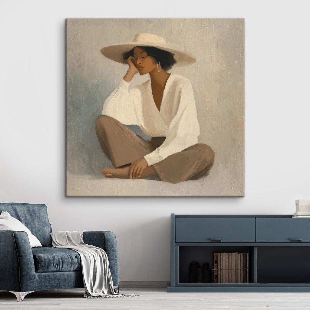 Mujer sentada con sombrero en un interior