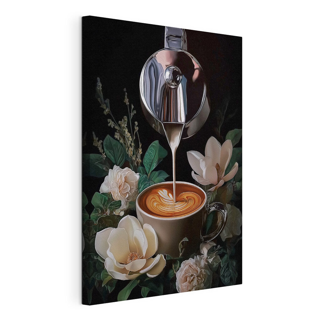 Café entre flores, lienzo tensado con el borde envolvente