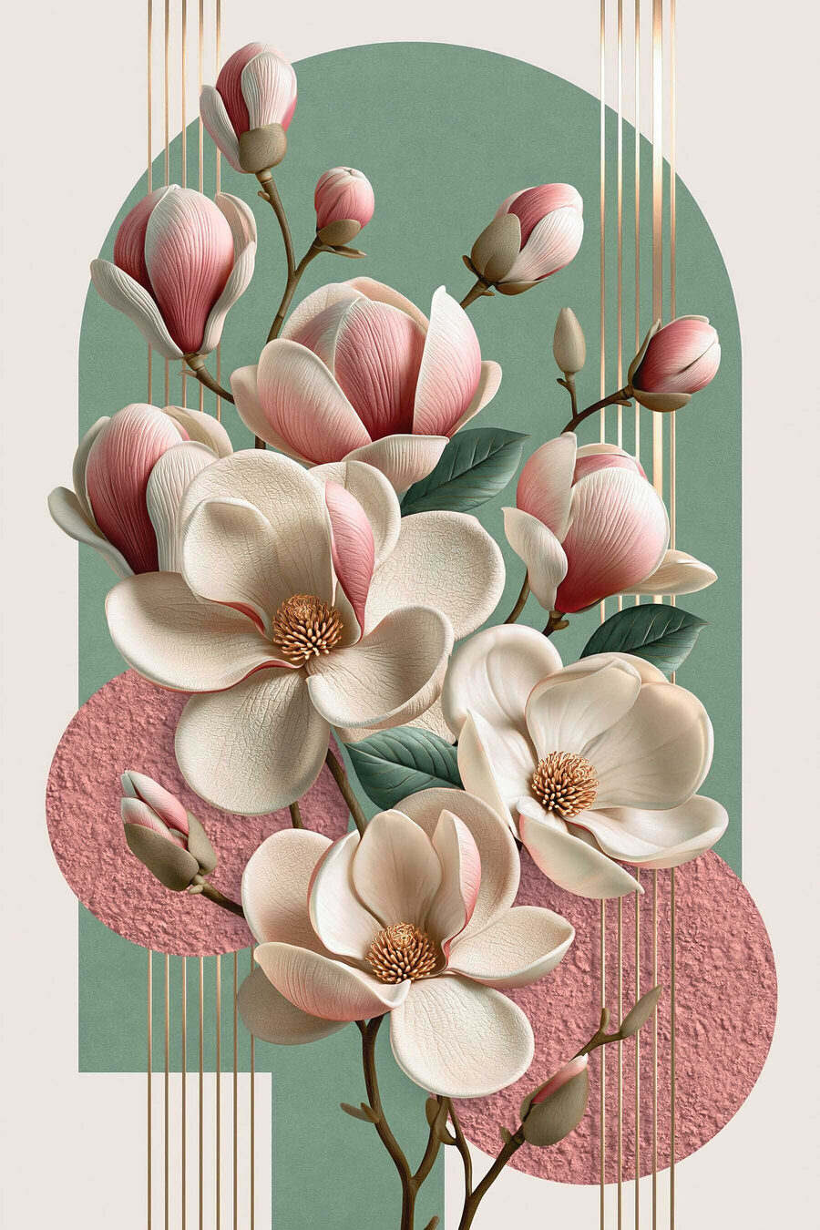 Magnolia con círculos rosas — diseño completo