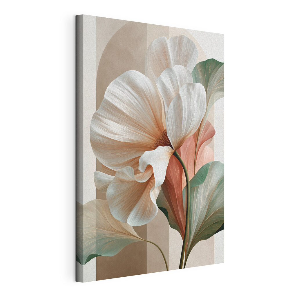 Flor blanca, hojas pastel, lienzo tensado con el borde envolvente