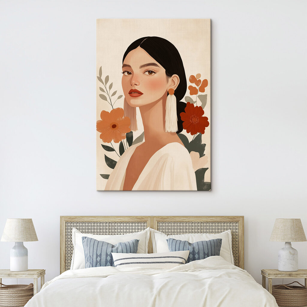 Mujer entre flores naranjas en un interior