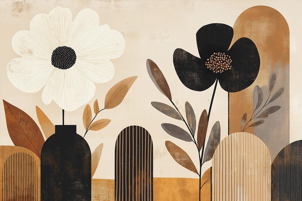 Flores gráficas entre arcos — diseño completo